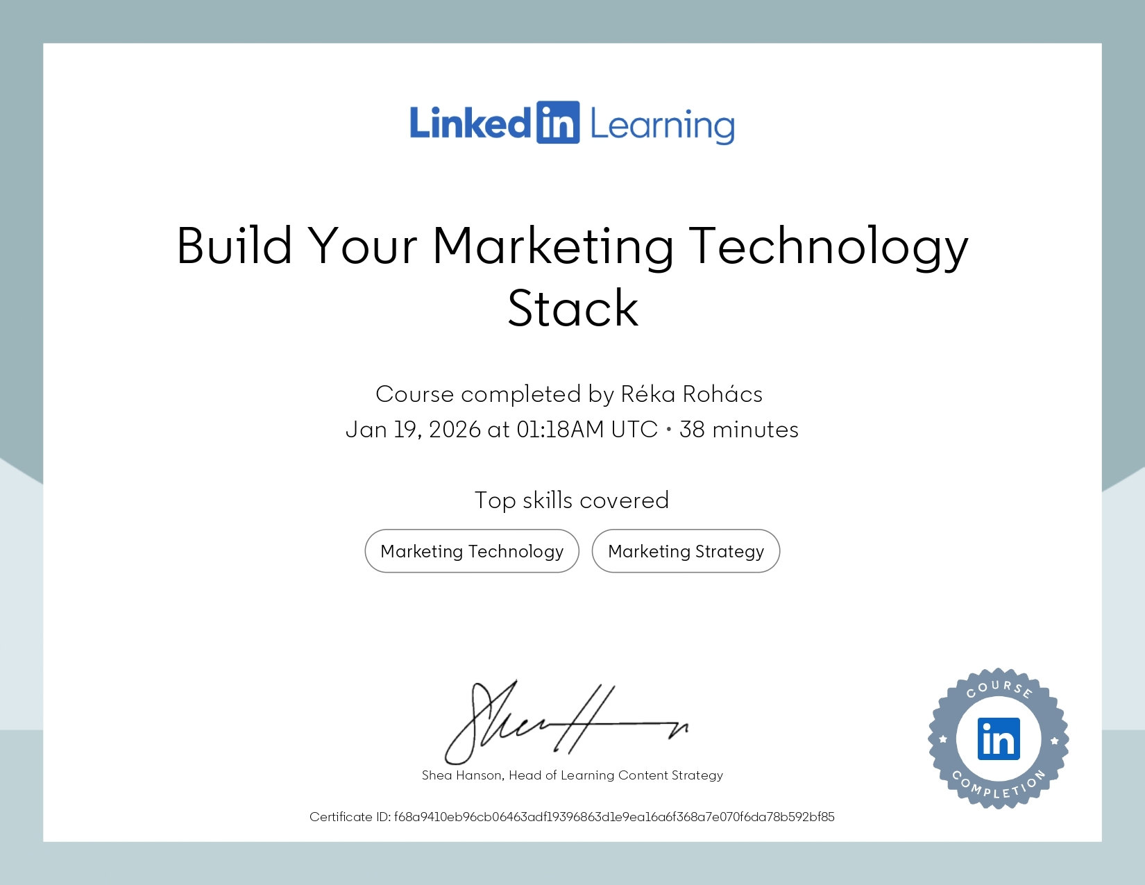 LinkedIn Learning certificate in Email Marketing: Build Your Marketing Technology Stack 