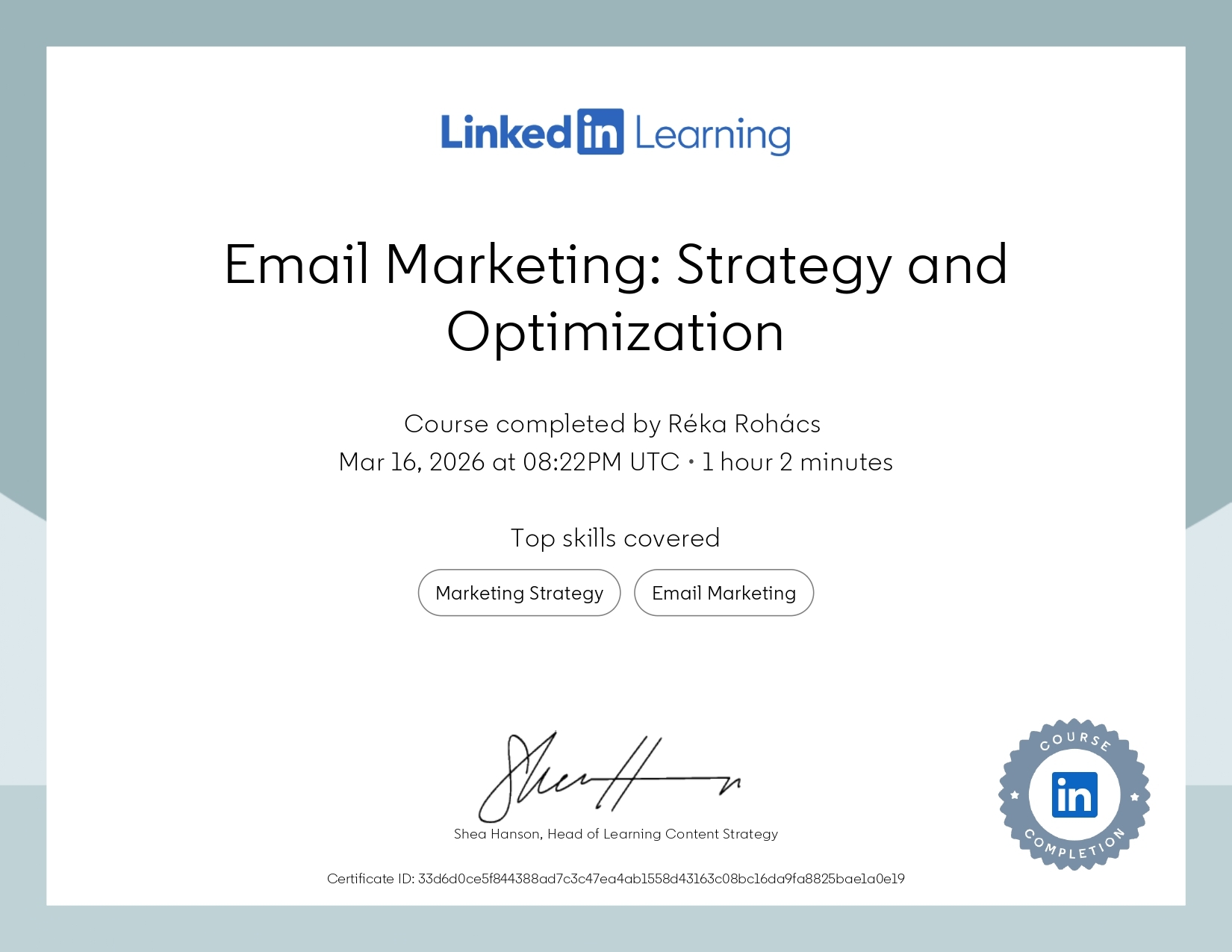 LinkedIn Learning certificate in Email Marketing: Strategy and Optimization