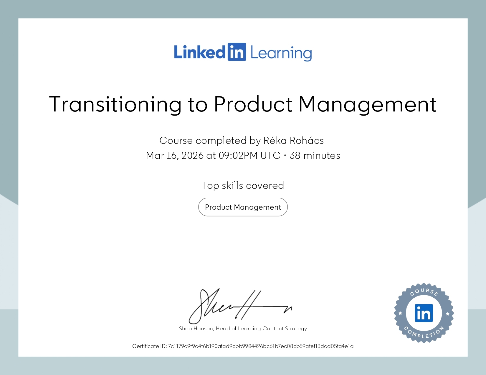 Linkedin Learning certificate in Transitioning to Product Management 