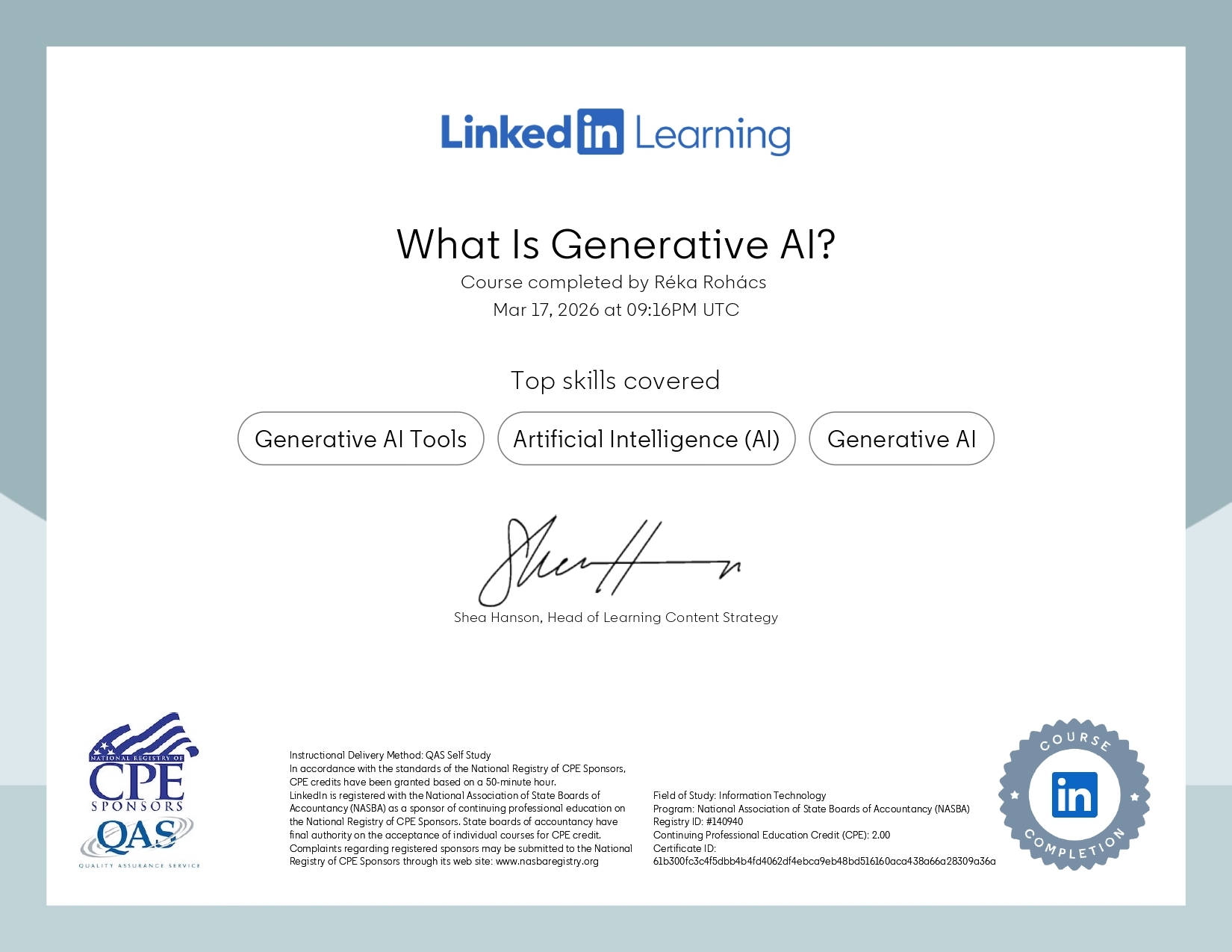 Linkedin Learning certificate in What is Generative AI?