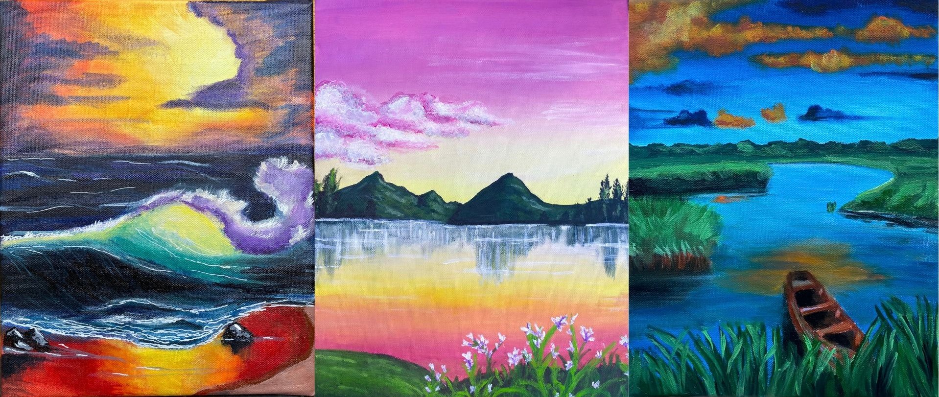 colorful landscape paintings including ocean waves, mountains, and river scene
